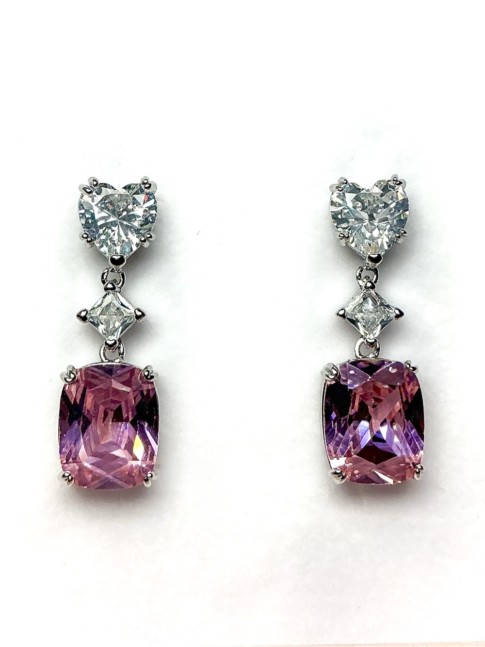Pink Cushion Cut CZ Heart  Drop Earrings Silver Earrings
